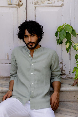 Mandarin Collar Sage Green Blue Shirt
