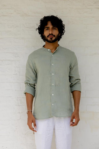 Mandarin Collar Sage Green Blue Shirt
