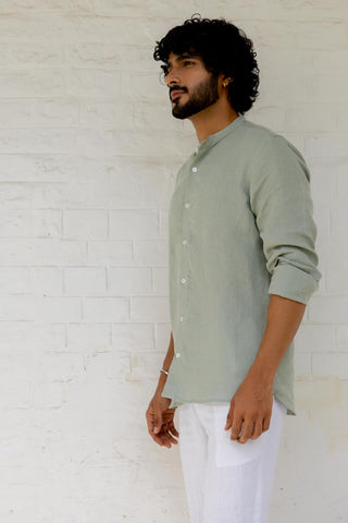 Mandarin Collar Sage Green Blue Shirt