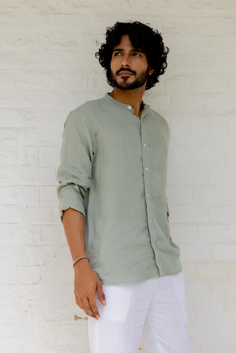 Mandarin Collar Sage Green Blue Shirt