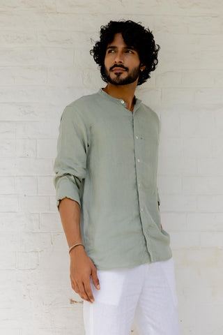 Mandarin Collar Sage Green Blue Shirt