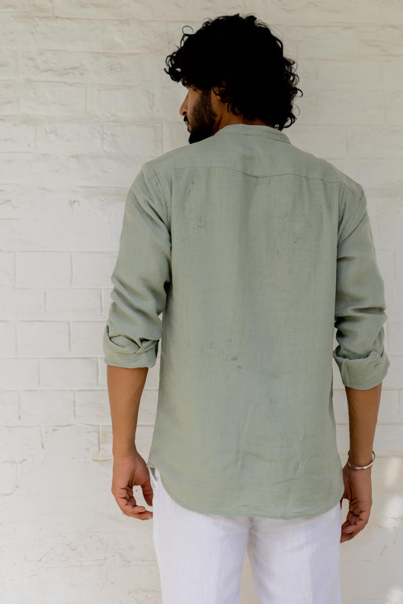 Mandarin Collar Sage Green Blue Shirt