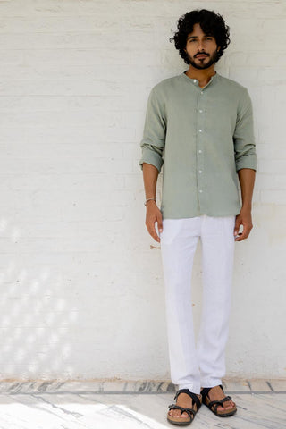 Mandarin Collar Sage Green Blue Shirt