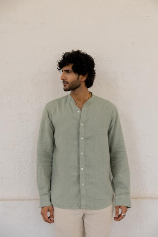 Mandarin Collar Sage Hairline Stripe Shirt