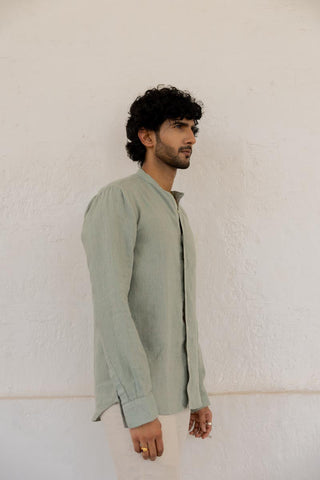 Mandarin Collar Sage Hairline Stripe Shirt