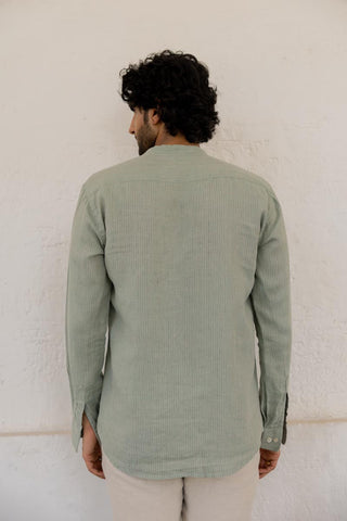 Mandarin Collar Sage Hairline Stripe Shirt