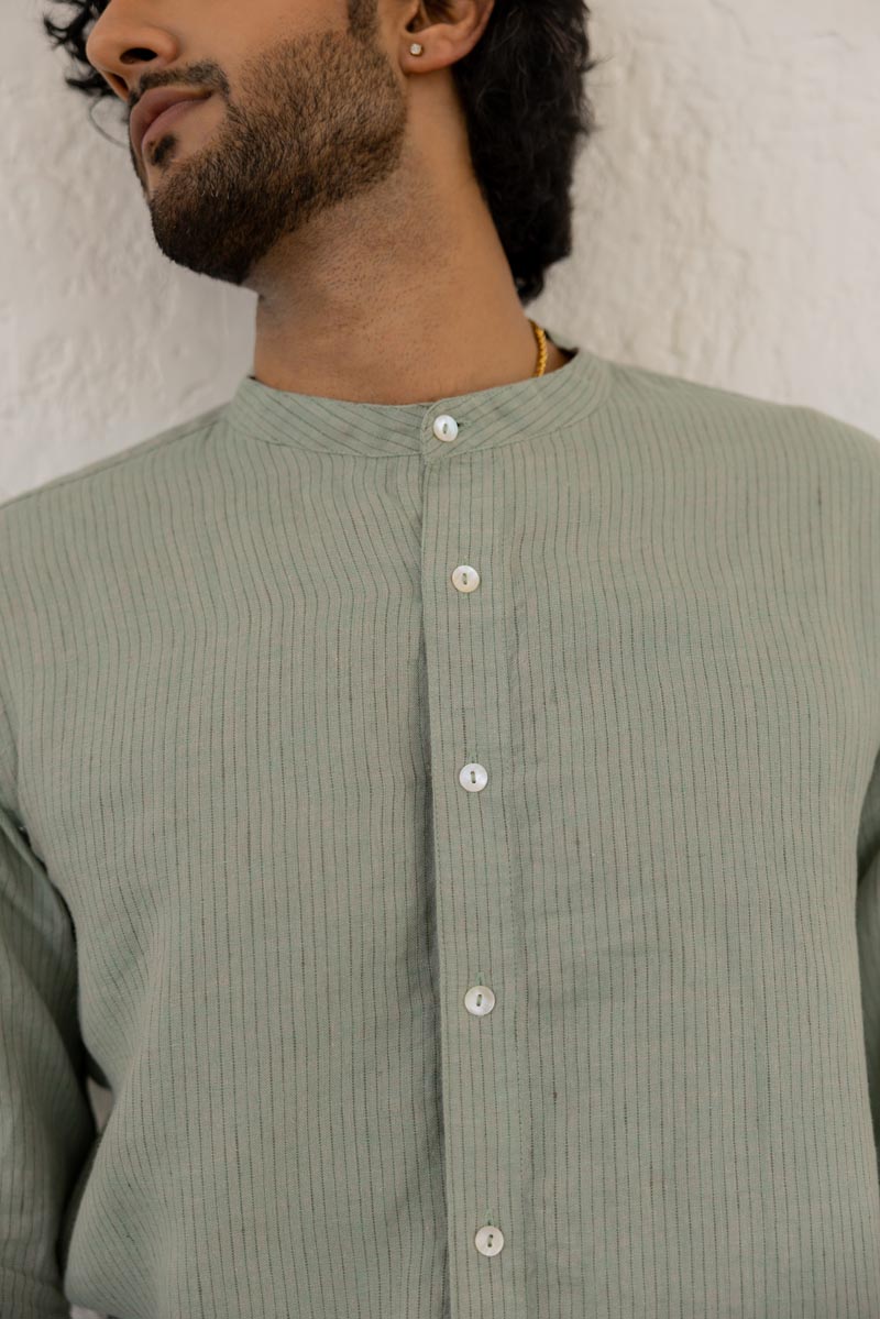 Mandarin Collar Sage Hairline Stripe Shirt