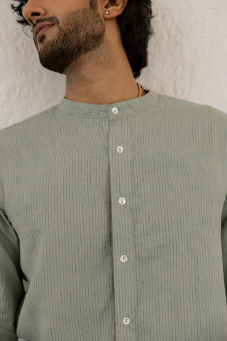 Mandarin Collar Sage Hairline Stripe Shirt