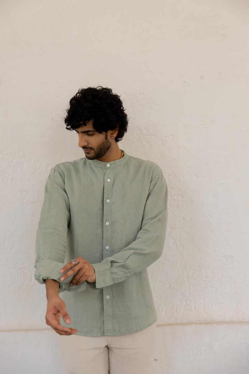 Mandarin Collar Sage Hairline Stripe Shirt