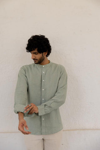 Mandarin Collar Sage Hairline Stripe Shirt
