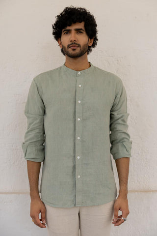 Mandarin Collar Sage Hairline Stripe Shirt