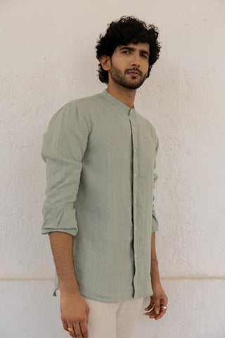 Mandarin Collar Sage Hairline Stripe Shirt
