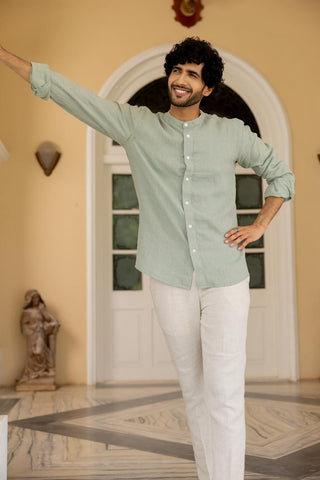 Mandarin Collar Sage Hairline Stripe Shirt