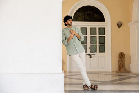 Mandarin Collar Sage Hairline Stripe Shirt