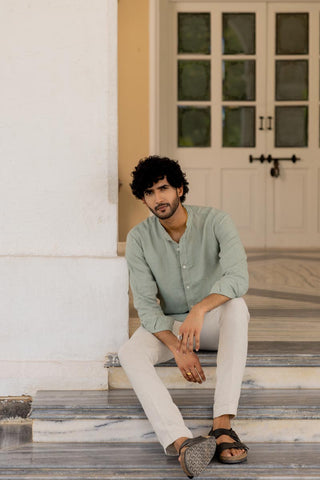 Mandarin Collar Sage Hairline Stripe Shirt