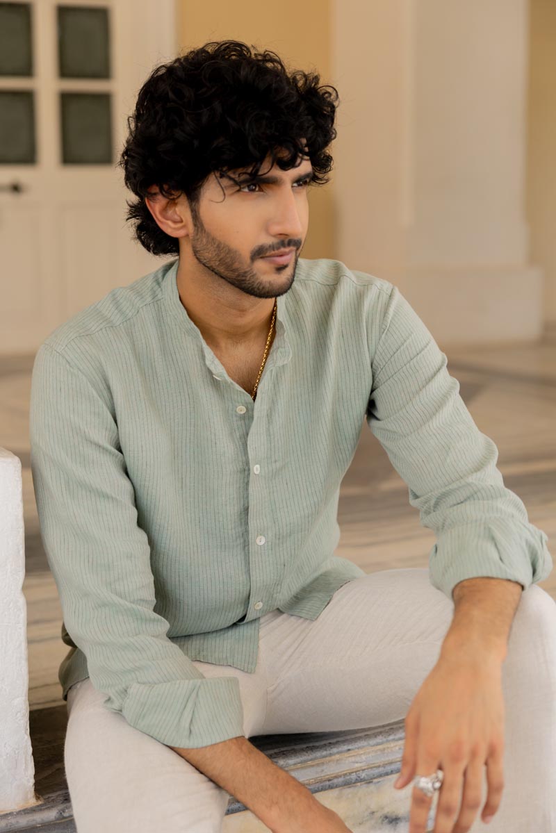 Mandarin Collar Sage Hairline Stripe Shirt