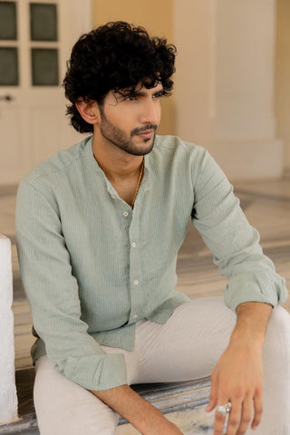Mandarin Collar Sage Hairline Stripe Shirt