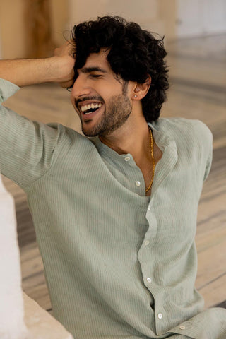 Mandarin Collar Sage Hairline Stripe Shirt
