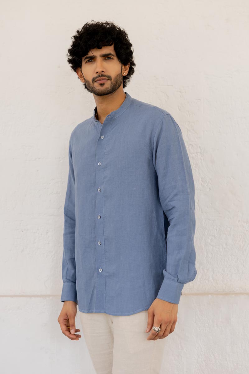Mandarin Collar Cornflower Blue Shirt