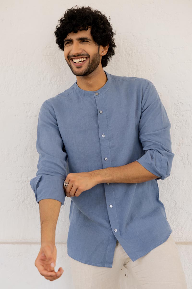 Mandarin Collar Cornflower Blue Shirt