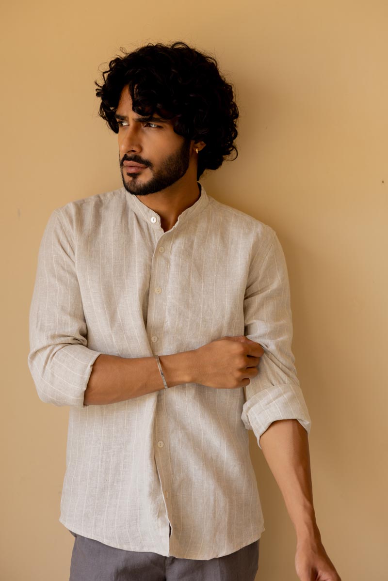 Mandarin Collar Cloud Grey Stripe Shirt