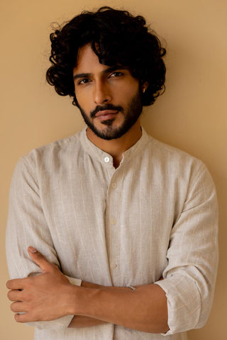 Mandarin Collar Cloud Grey Stripe Shirt