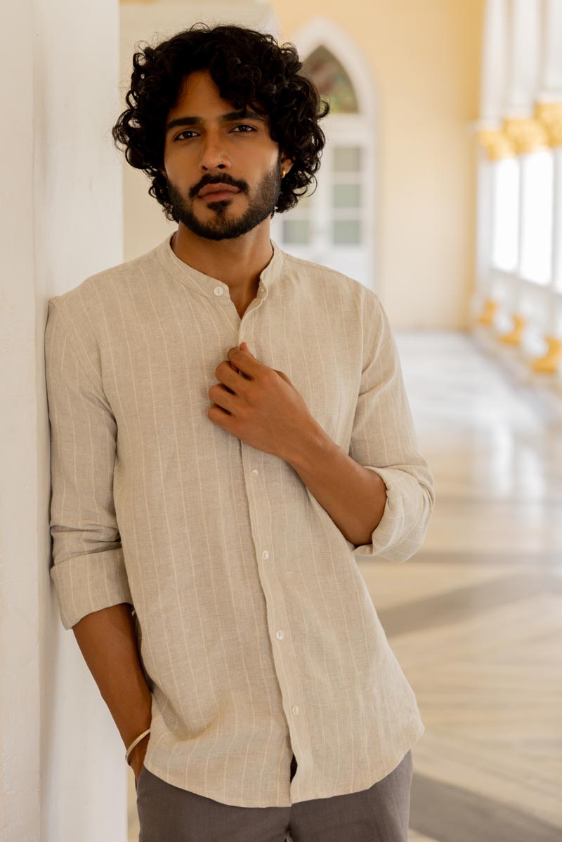 Mandarin Collar Cloud Grey Stripe Shirt