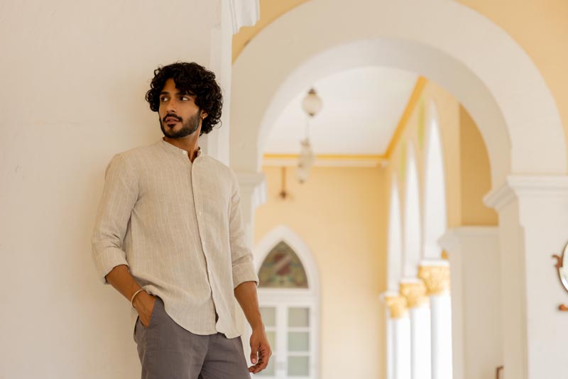 Mandarin Collar Cloud Grey Stripe Shirt
