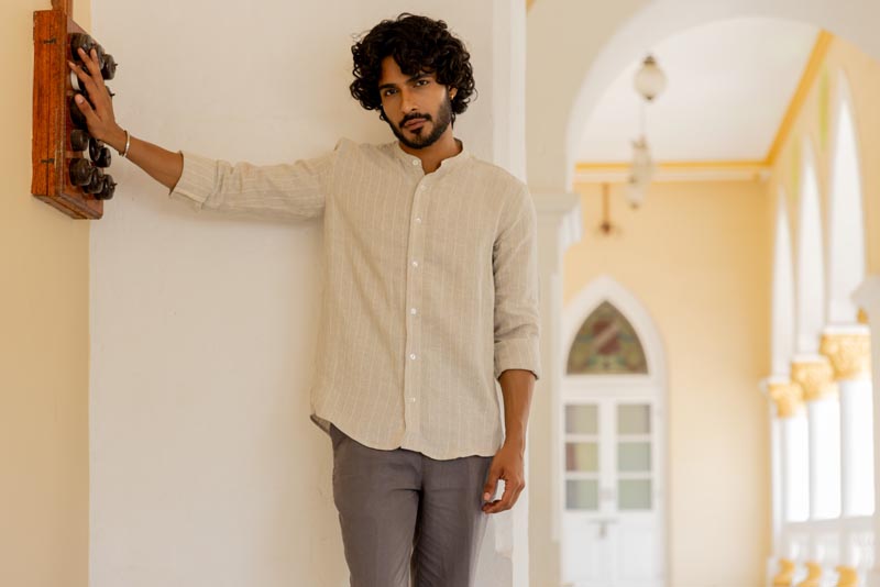 Mandarin Collar Cloud Grey Stripe Shirt