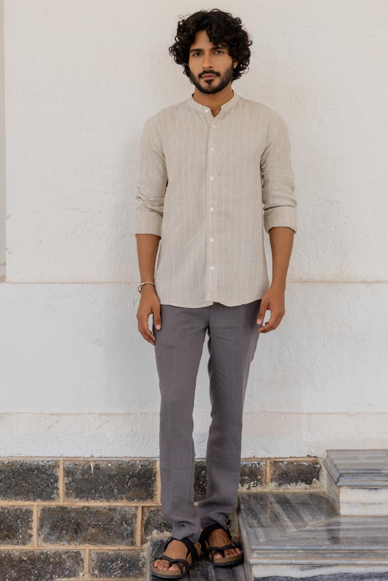 Mandarin Collar Cloud Grey Stripe Shirt