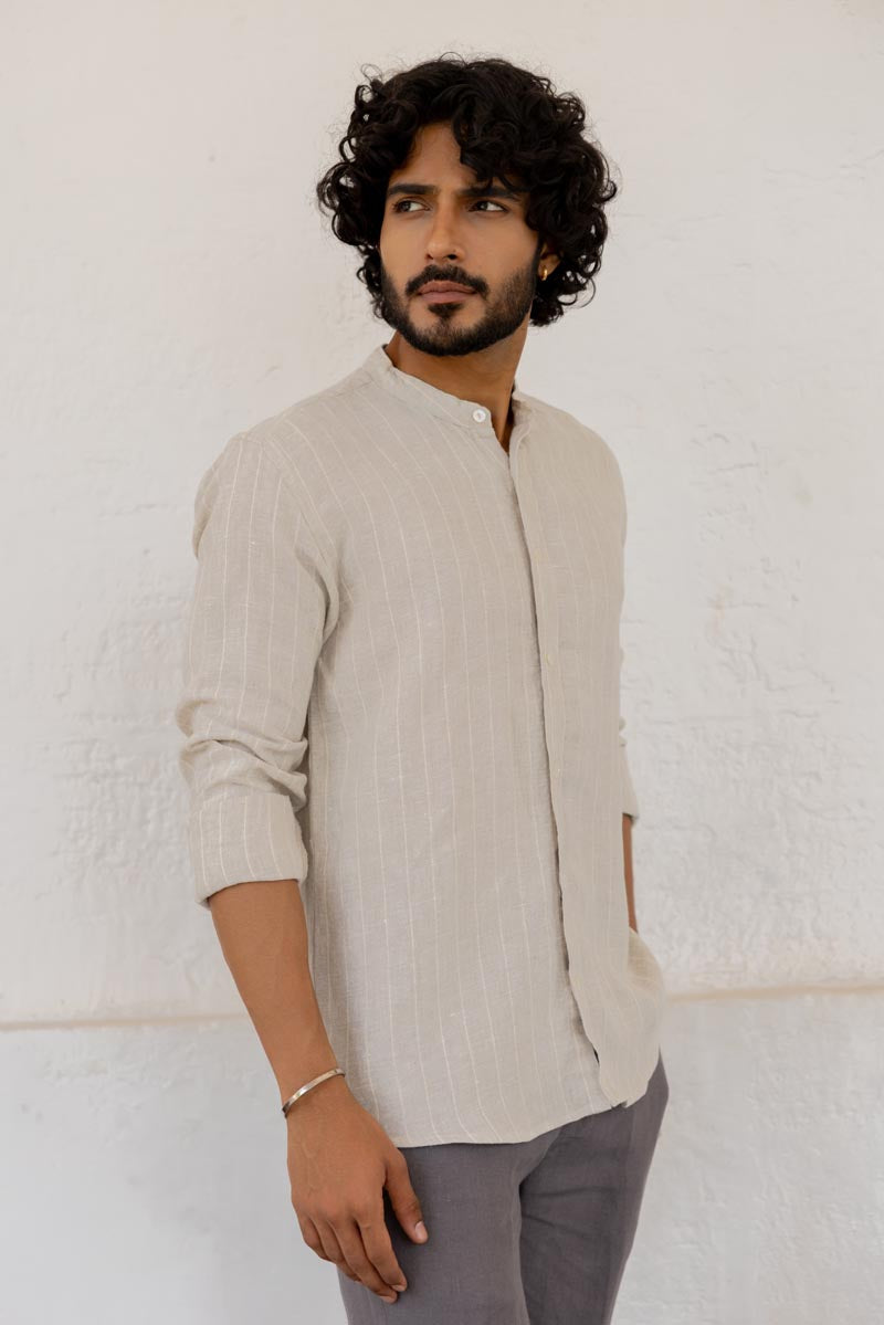 Mandarin Collar Cloud Grey Stripe Shirt