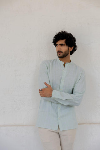 Mandarin Collar Aqua Stripe Shirt