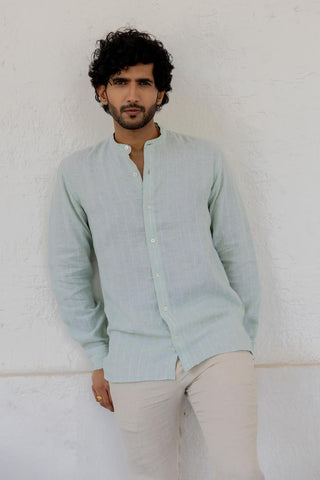 Mandarin Collar Aqua Stripe Shirt