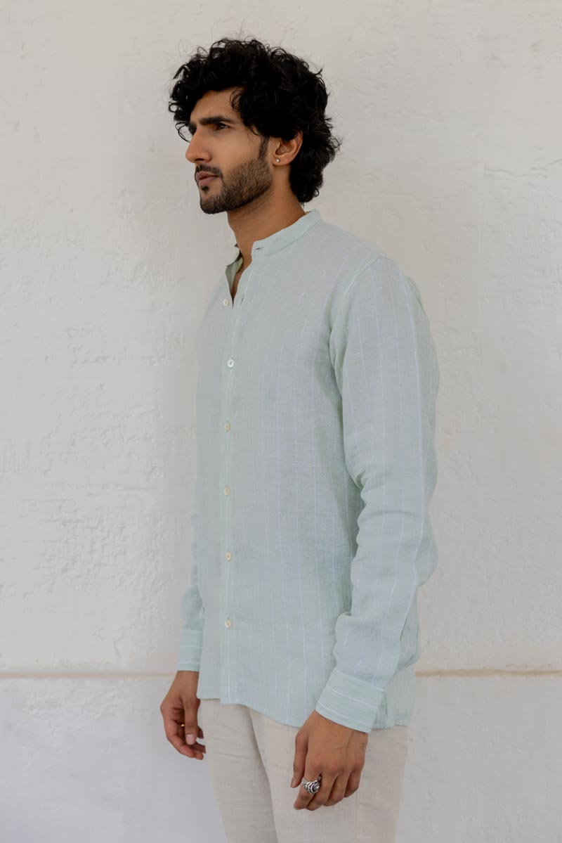 Mandarin Collar Aqua Stripe Shirt