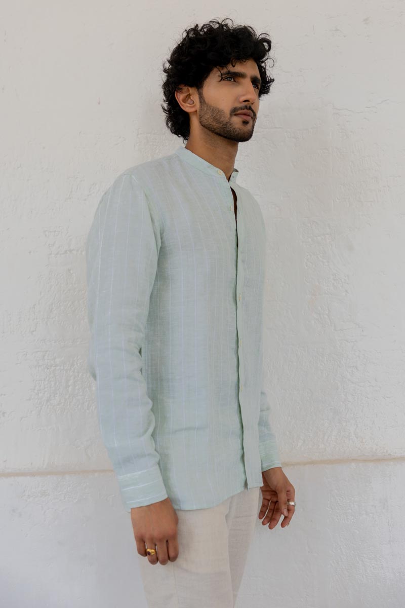 Mandarin Collar Aqua Stripe Shirt