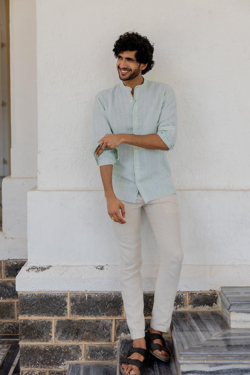 Mandarin Collar Aqua Stripe Shirt
