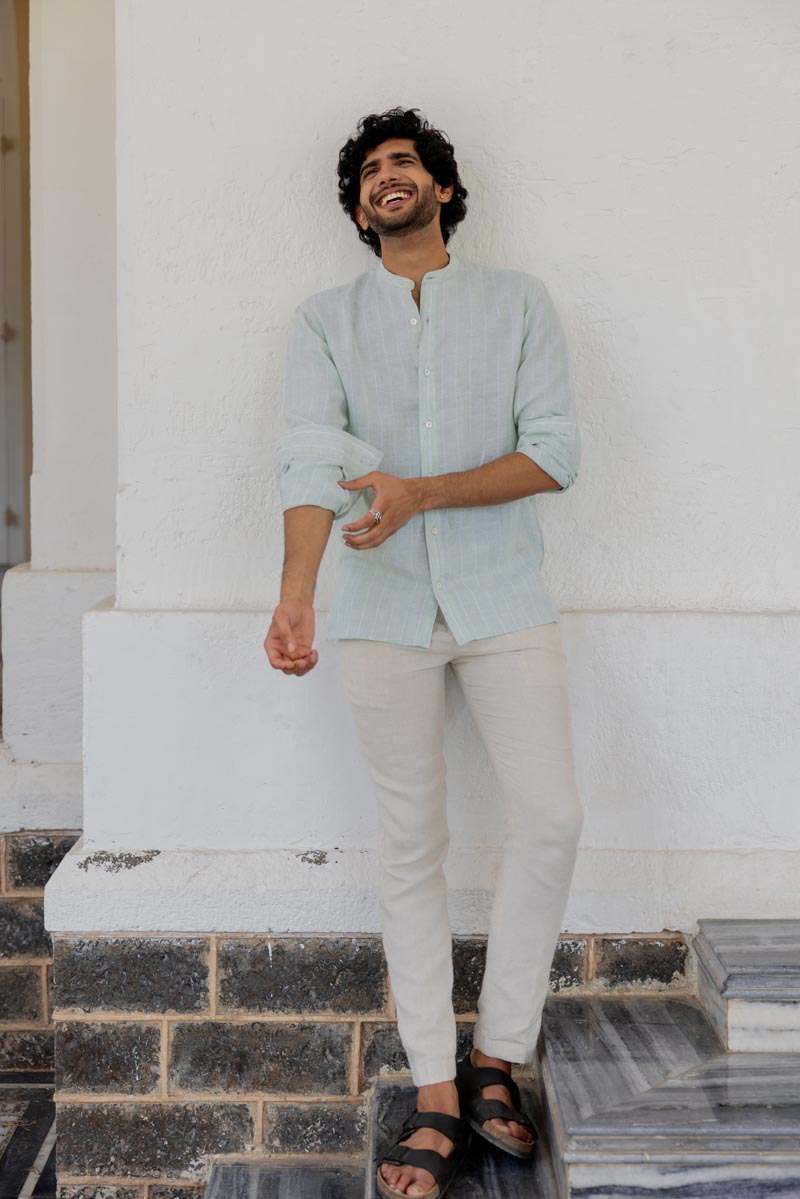 Mandarin Collar Aqua Stripe Shirt