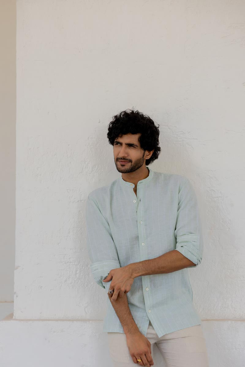 Mandarin Collar Aqua Stripe Shirt