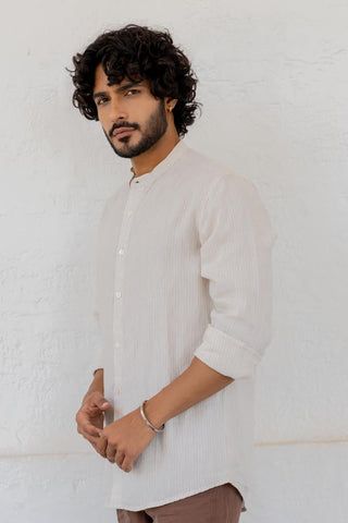 Mandarin Collar Beige Hairline Stripe Shirt