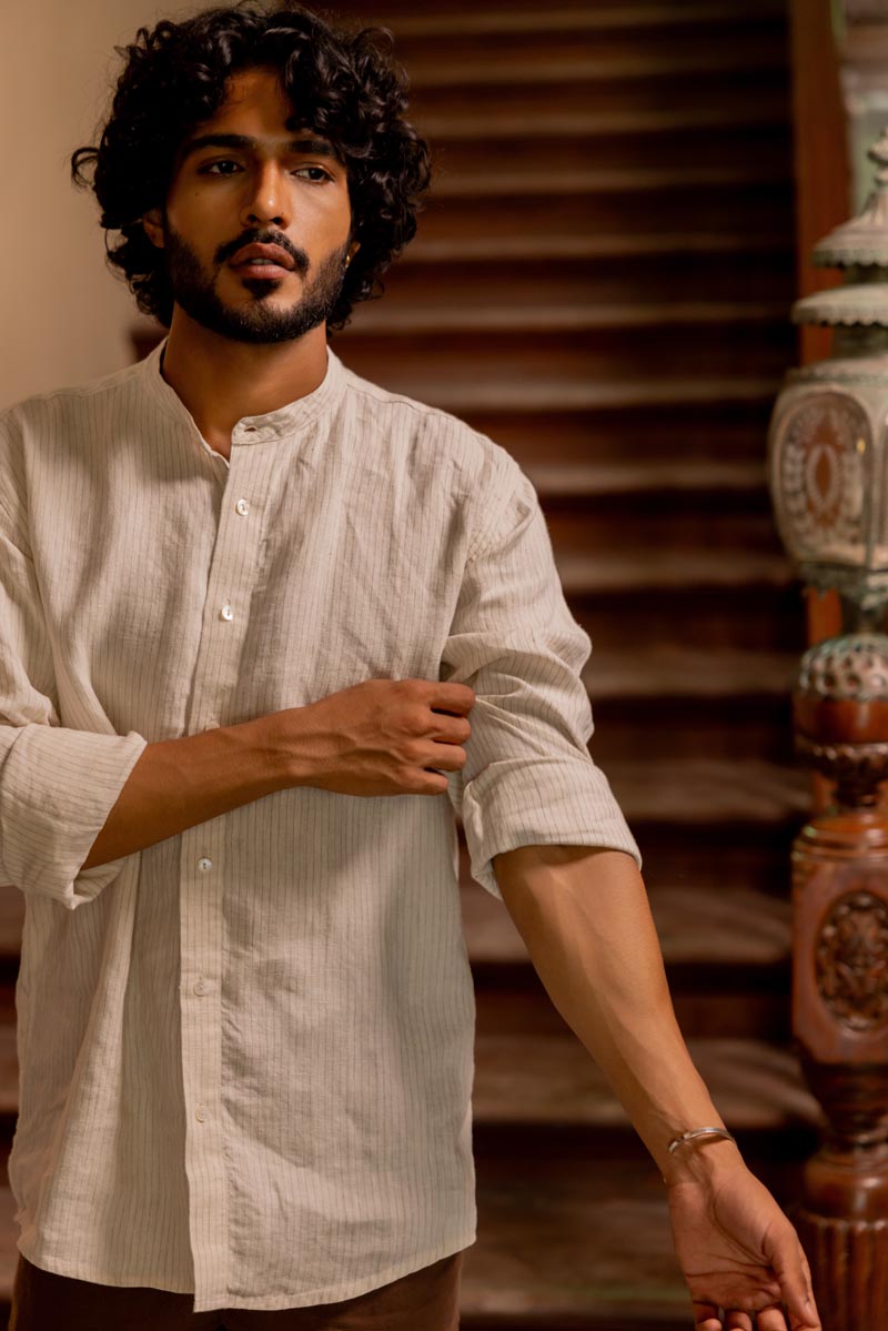 Mandarin Collar Beige Hairline Stripe Shirt