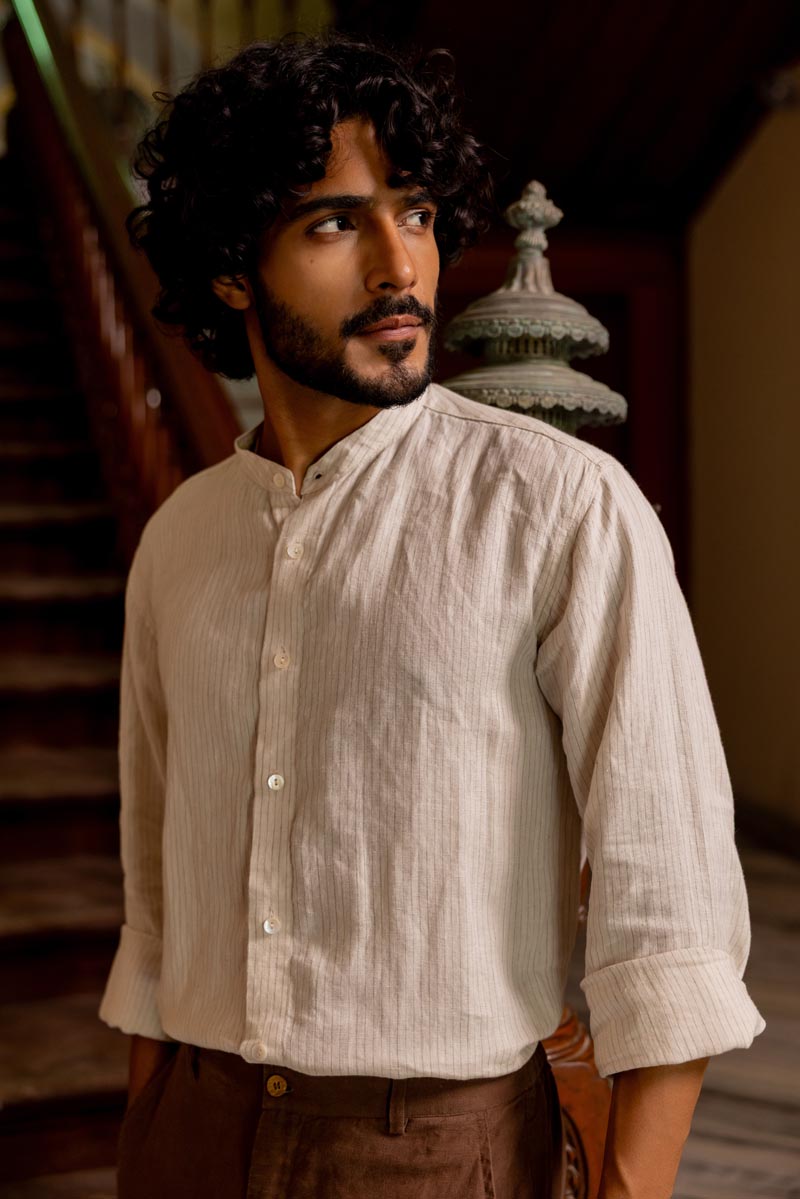 Mandarin Collar Beige Hairline Stripe Shirt