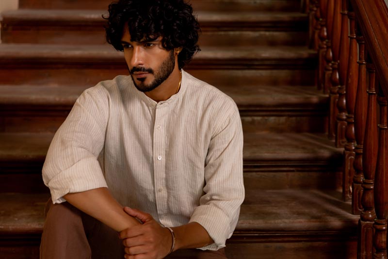 Mandarin Collar Beige Hairline Stripe Shirt