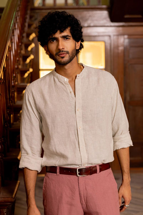 Mandarin Collar Faded Fine Stripe Shirt