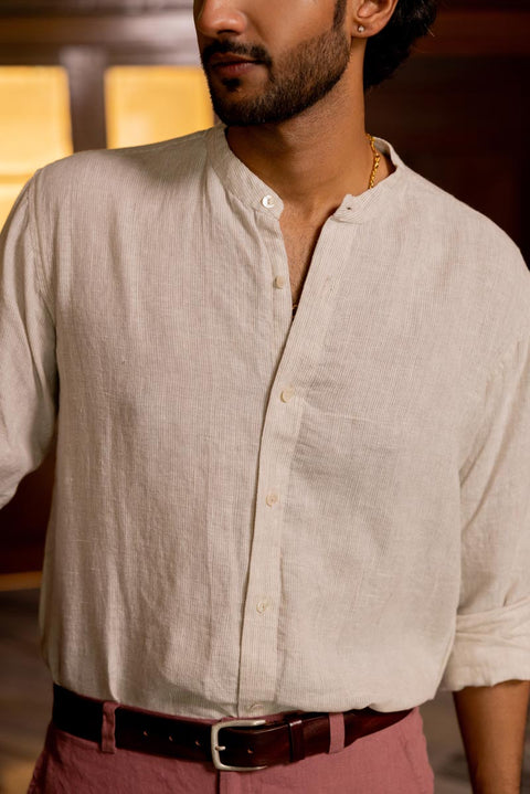 Mandarin Collar Faded Fine Stripe Shirt
