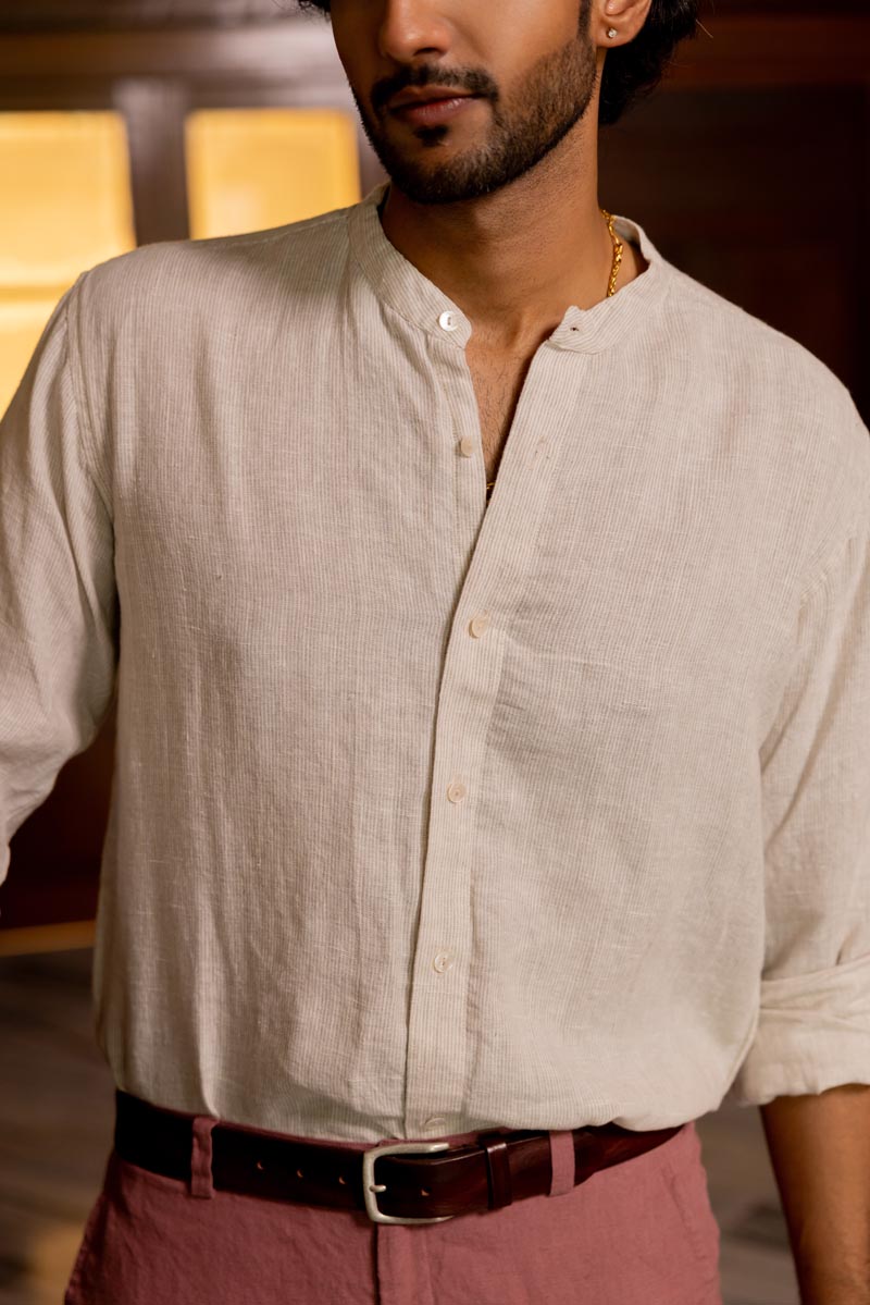 Mandarin Collar Faded Fine Stripe Shirt
