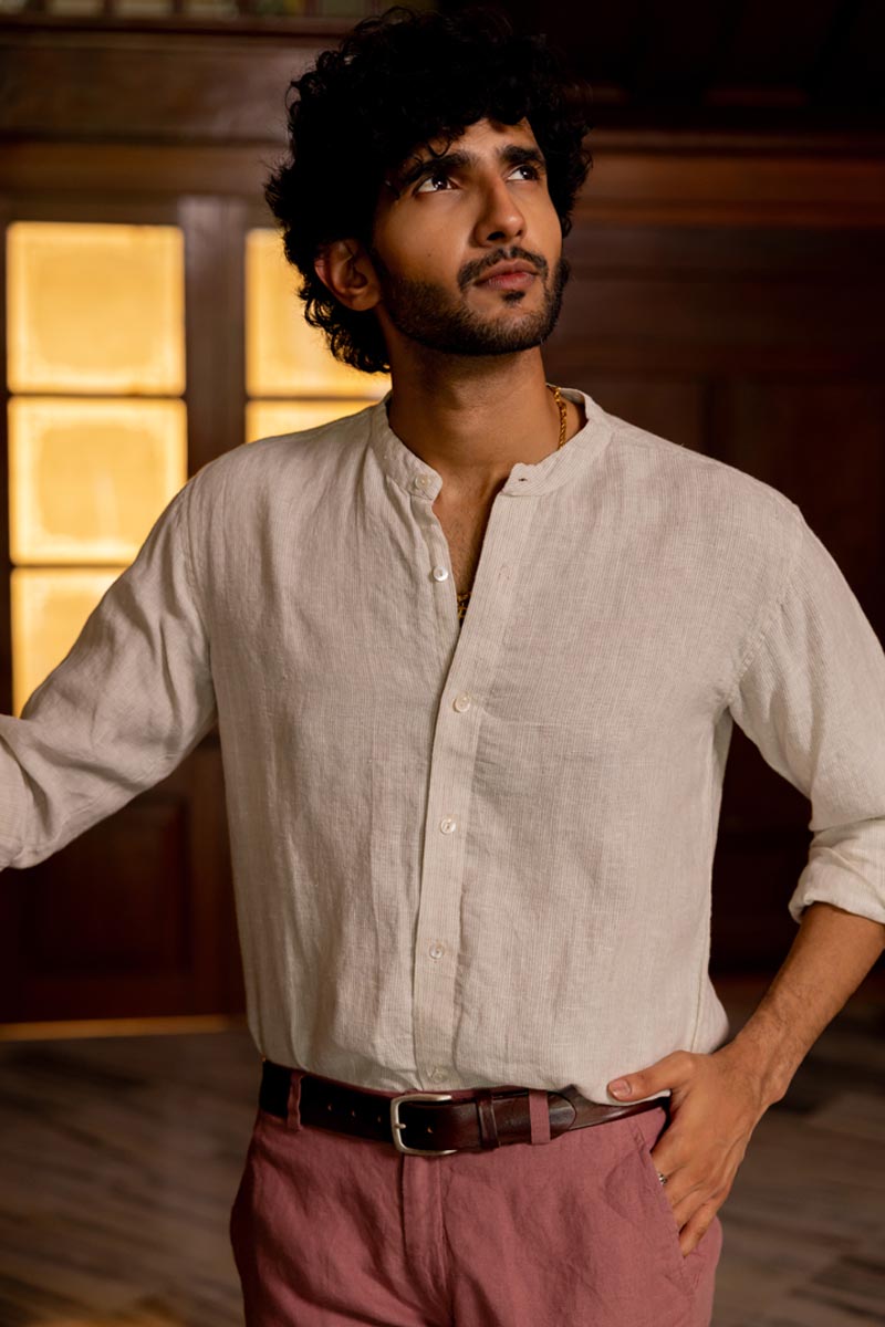 Mandarin Collar Faded Fine Stripe Shirt