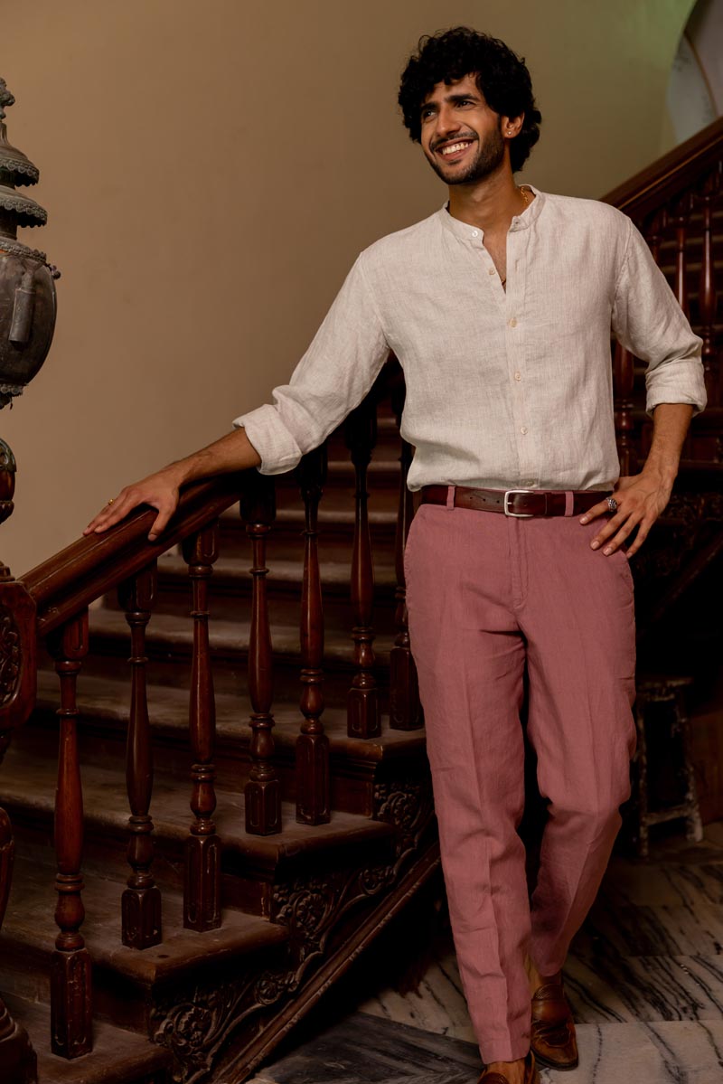Mandarin Collar Faded Fine Stripe Shirt