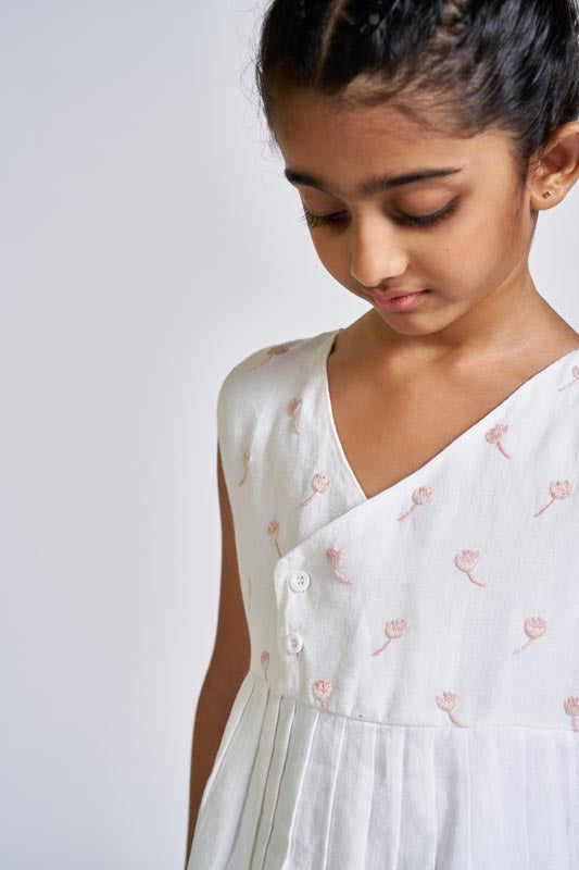 White Embroidered Yoke Dress - Chi Linen