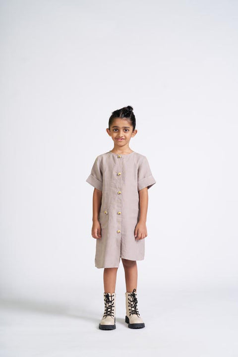 Almond Beige Buttoned Embroidered Dress - Chi Linen
