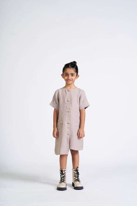 Almond Beige Buttoned Embroidered Dress - Chi Linen